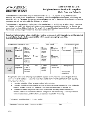 Vermont Religious Immunization Exemption Form