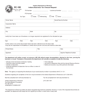 Indiana Business Tax Closure Request