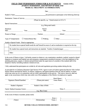 Field Trip Permission Form for K-8 Students