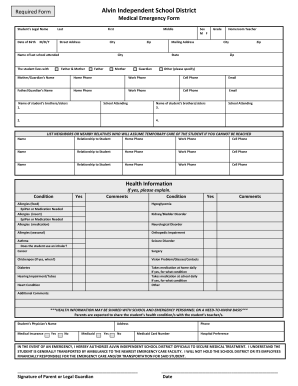 Alvin Independent School District Medical Emergency Form