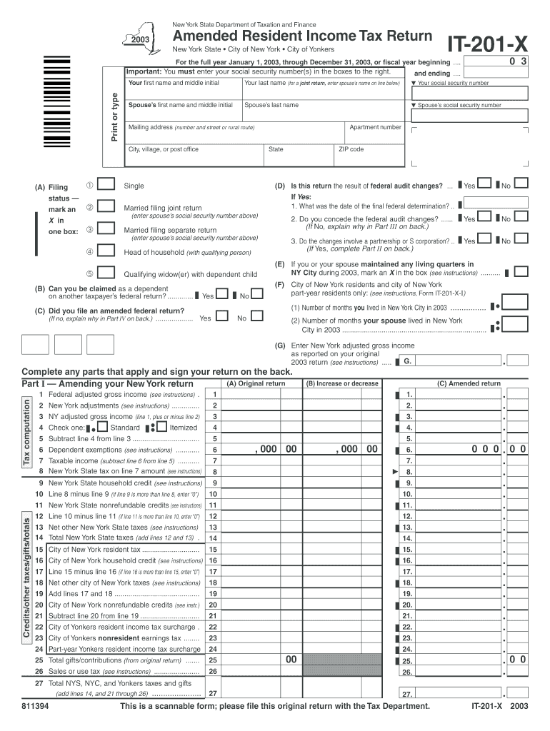 Fillable Online tax ny Form IT-201-X2003 Amended Resident Income Tax ...