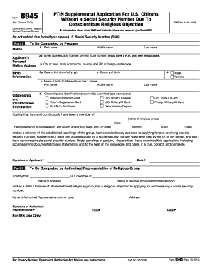 IRS Form 8945 Supplemental Application for U.S. Citizens Without SSN