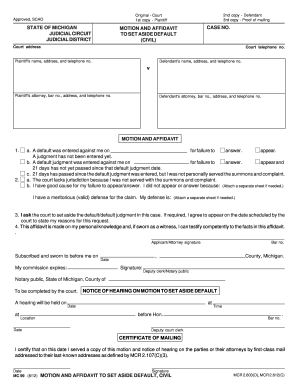 Motion and Affidavit to Set Aside Default Civil - courts mi