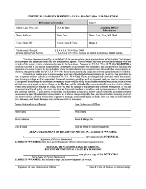 New Jersey Potential Liability Warning Form
