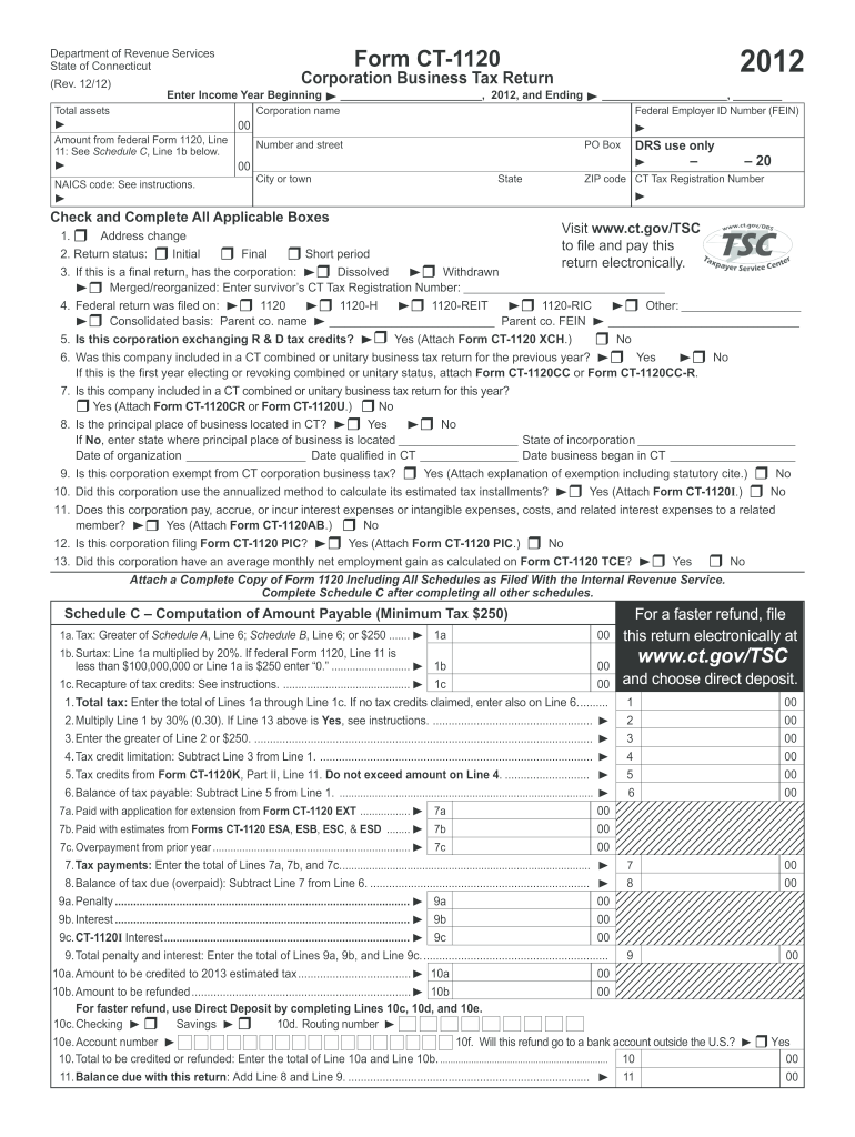 CT-1120, 2012 Corporation Business Tax Return - CT.gov Preview on Page 1