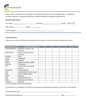 Pennsylvania Student Immunization Form