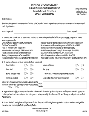 Medical Screening Form for CBRNE Training