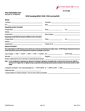 Prior Authorization Form for PAP Therapy