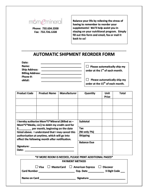 Automatic Shipment Reorder Form