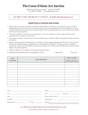 Coeur d’Alene Art Auction Absentee Bid Form