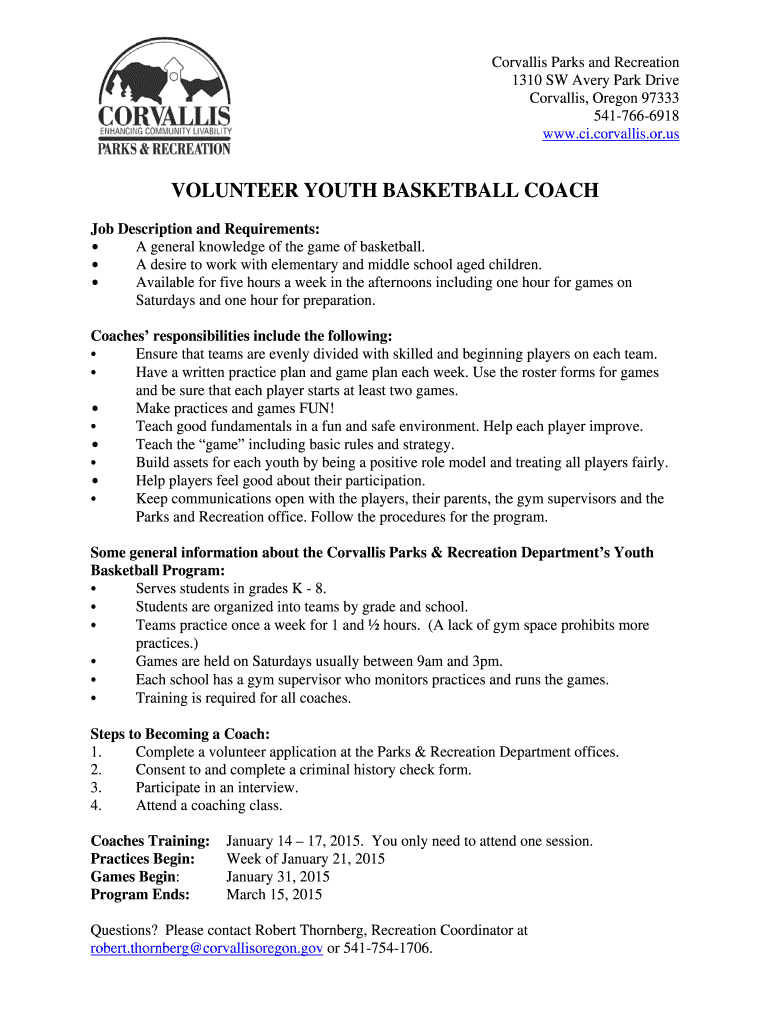 Fillable Online VOLUNTEER YOUTH BASKETBALL COACH Fax Email Print