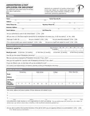 Philadelphia University Application for Employment