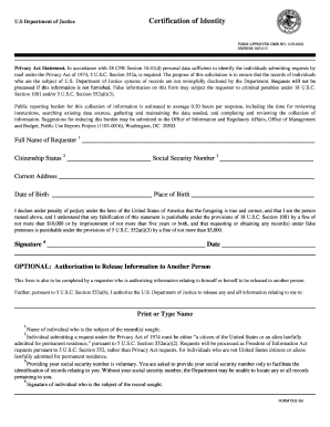 US Department of Justice Certification of Identity