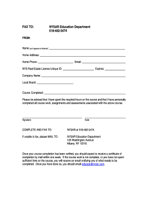 NYSAR Real Estate Course Completion Form