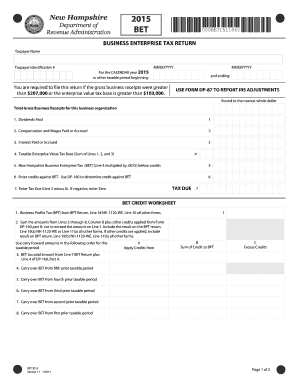 New Hampshire Business Enterprise Tax Return 2015