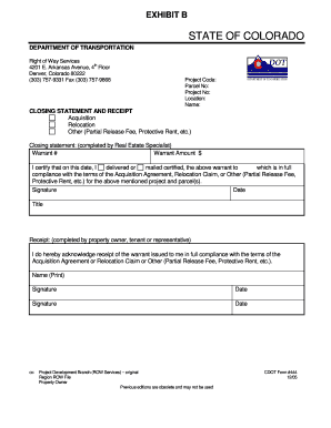 Colorado Right of Way Closing Statement and Receipt