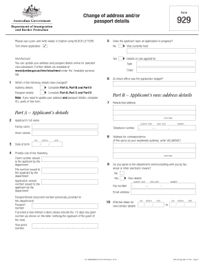 Australia Form 929 Change of Address and/or Passport Details