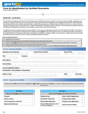 Sportsbet Identification by Certified Documents Form