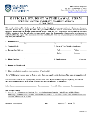 Northern Arizona University Student Withdrawal Form