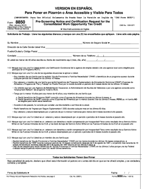 Formulario 8850 Aviso de Pre-Selección y Solicitud de Certificación