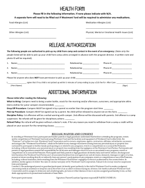 Health Form for Camp