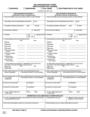 New Jersey Marriage or Civil Union License Application
