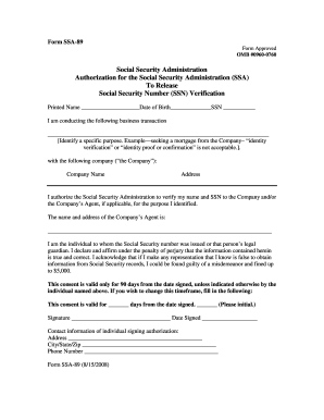 SSA-89 Form Authorization for SSN Verification