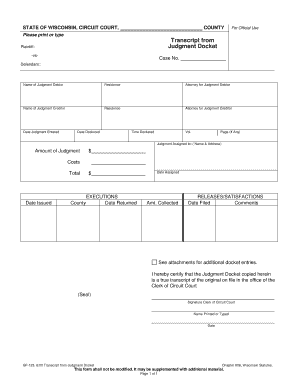 Wisconsin Judgment Docket Transcript