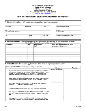 University of Oklahoma Dependent Student Verification Worksheet