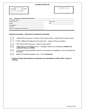 OHFA Mortgage Loan Closing Checklist