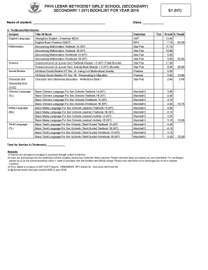 Singapore Secondary School Booklist Form