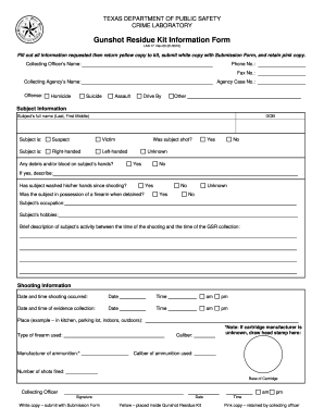 Texas Gunshot Residue Kit Information Form