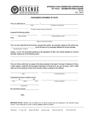 Affidavit for Corrected Certificate of Title Odometer Disclosure
