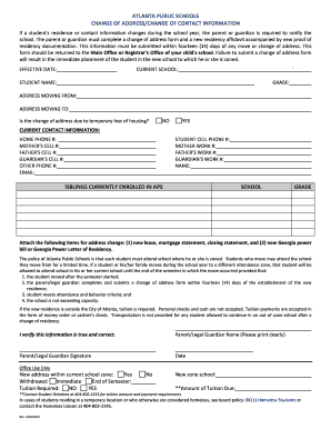 Atlanta Public Schools Change of Address Form