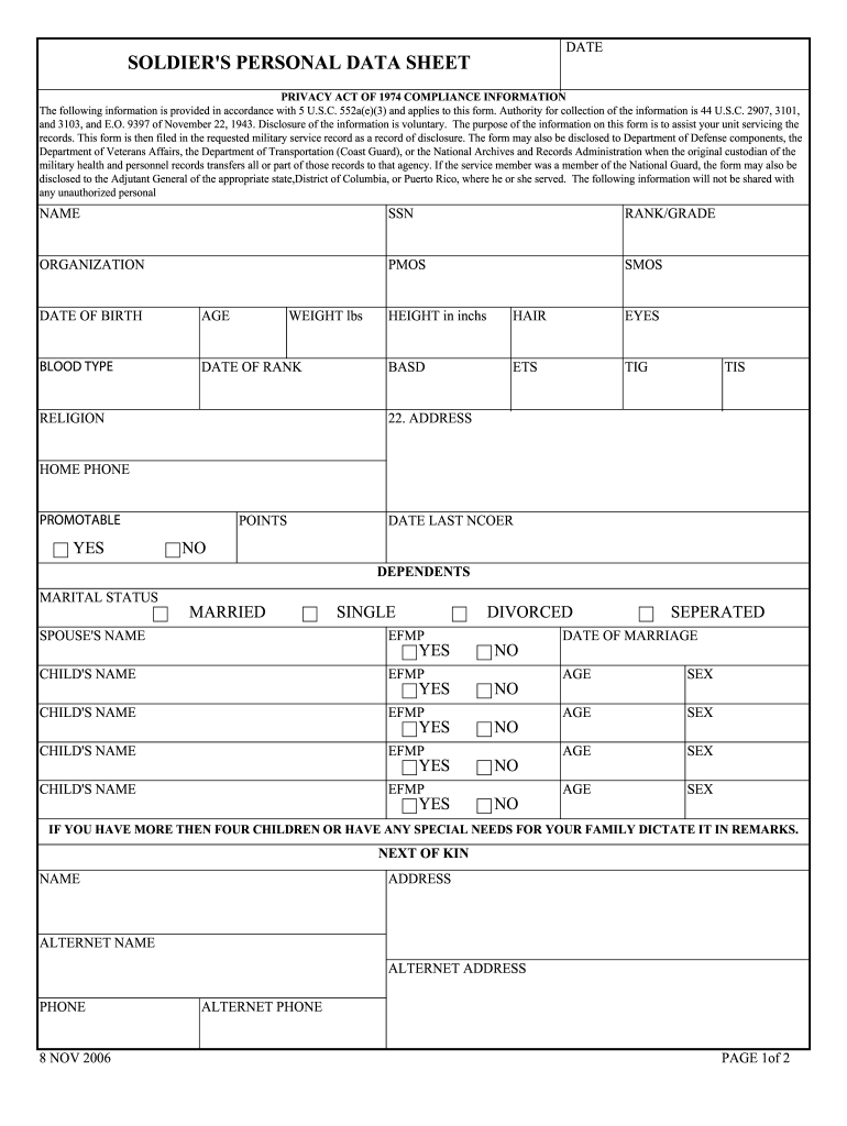 Soldier Personal Data Sheet Army Pubs Fill Online Printable 