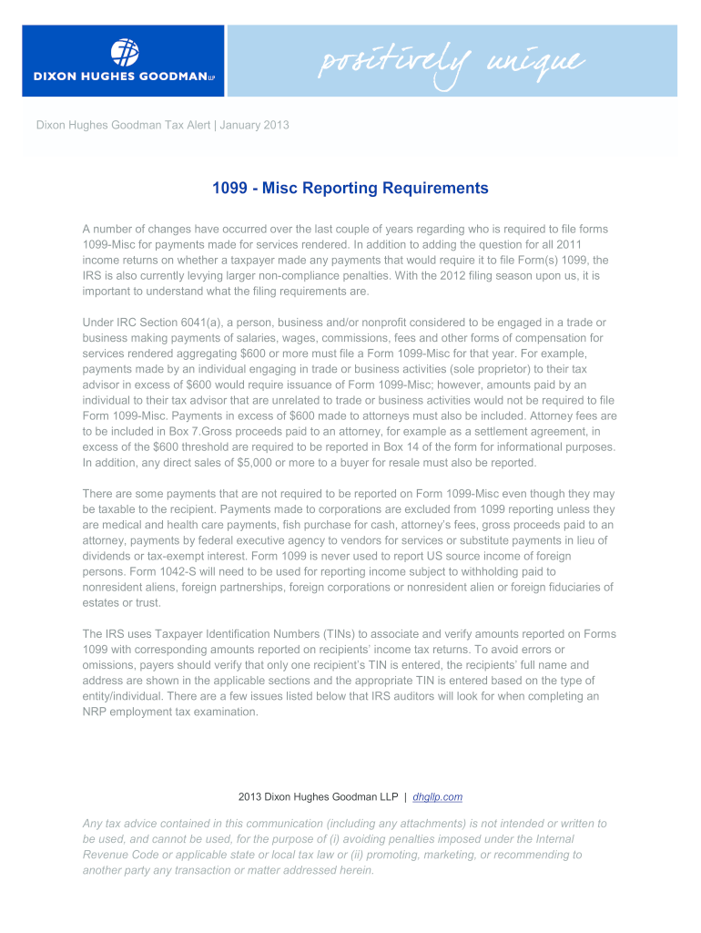 Dixon Hughes Goodman 1099Misc Reporting Requirements 2013