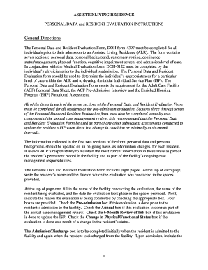 Assisted Living Residence Personal Data and Resident Evaluation Form