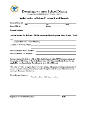 Authorization to Release Previous School Records