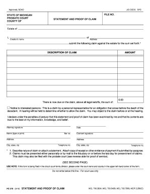 Michigan Probate Court Statement and Proof of Claim