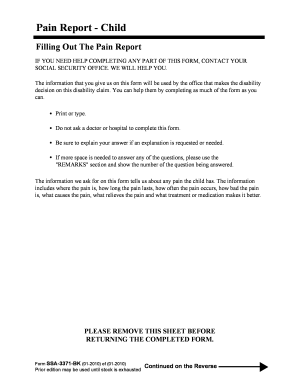 Child Pain Report Form SSA-3371-BK