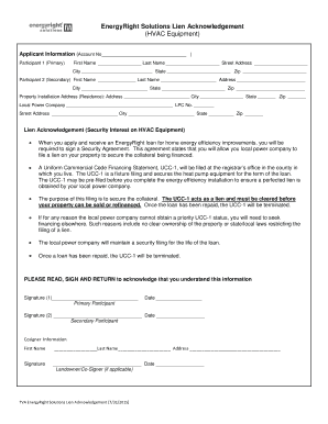 EnergyRight Solutions HVAC Equipment Lien Acknowledgement