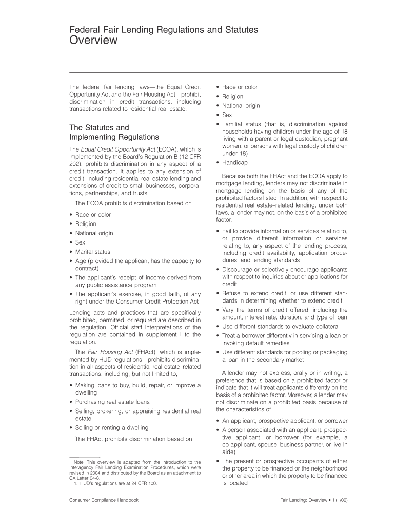 Fillable Online federalreserve Fair Lending Regulations and Statutes