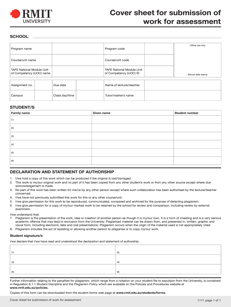 Au Rmit University Cover Sheet For Submission Of Work For Assessment Fill And Sign Printable Template Online Us Legal Forms