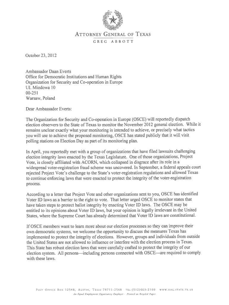 Fillable Online oag state tx Letter Texas Attorney General oag