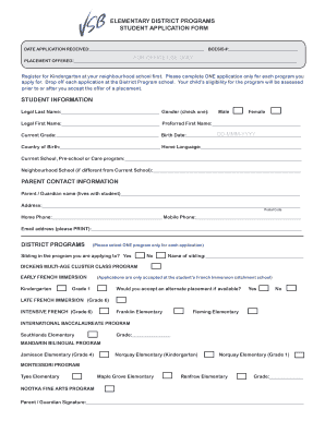 Student Application Form for Elementary District Programs