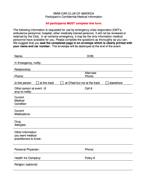 BMW Car Club of America Medical Information Form