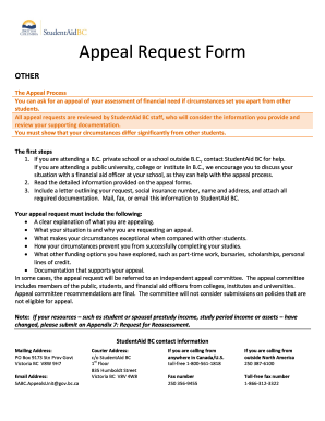 Appeal Request Form for StudentAid BC