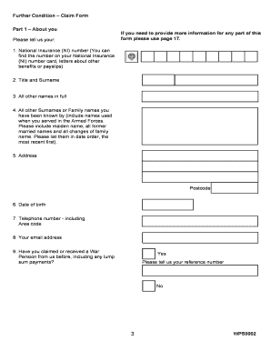 WPS0002 On line version. Further condition claim form