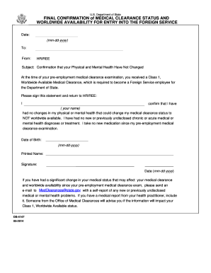 US State Department Medical Clearance Confirmation Form