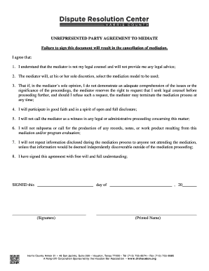 Unrepresented Party Agreement to Mediate